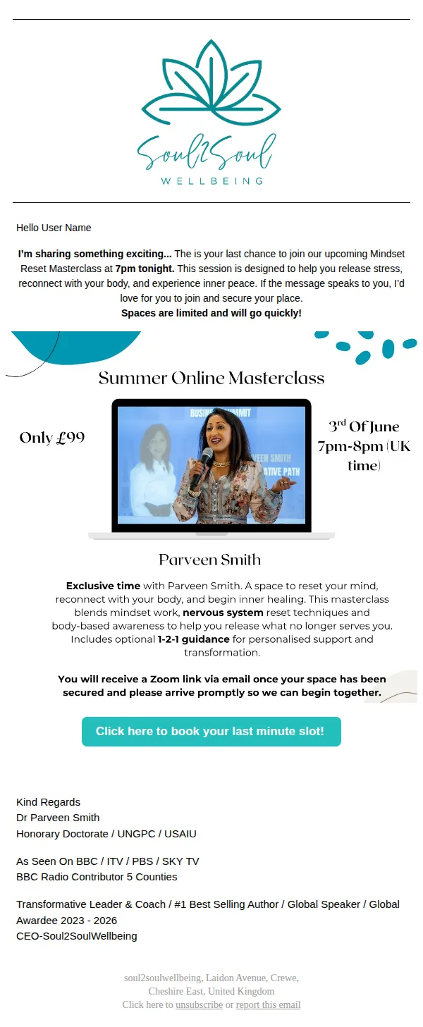 Soul2Soul Wellbeing email: I have something exciting at 7pm tonight... come and join