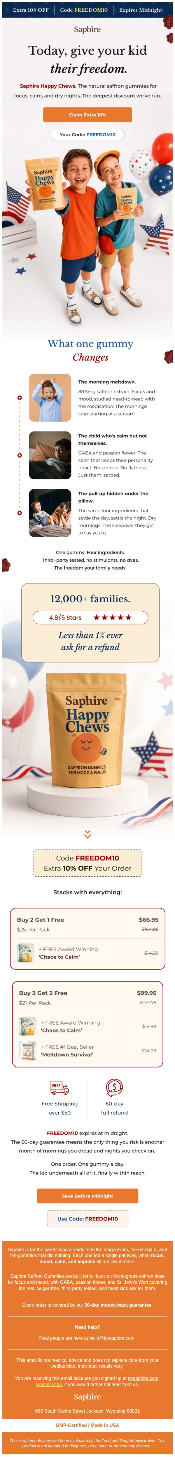 Saphire email: Calmer mornings. Dry nights. One gummy.