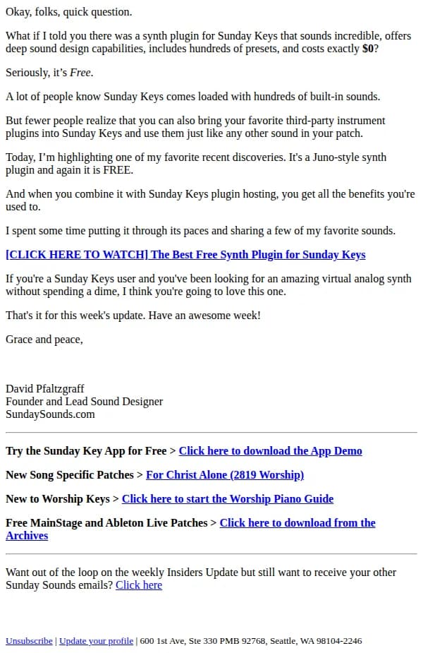 Sunday Sounds email: The Best Synth Plugin for Sunday Keys?