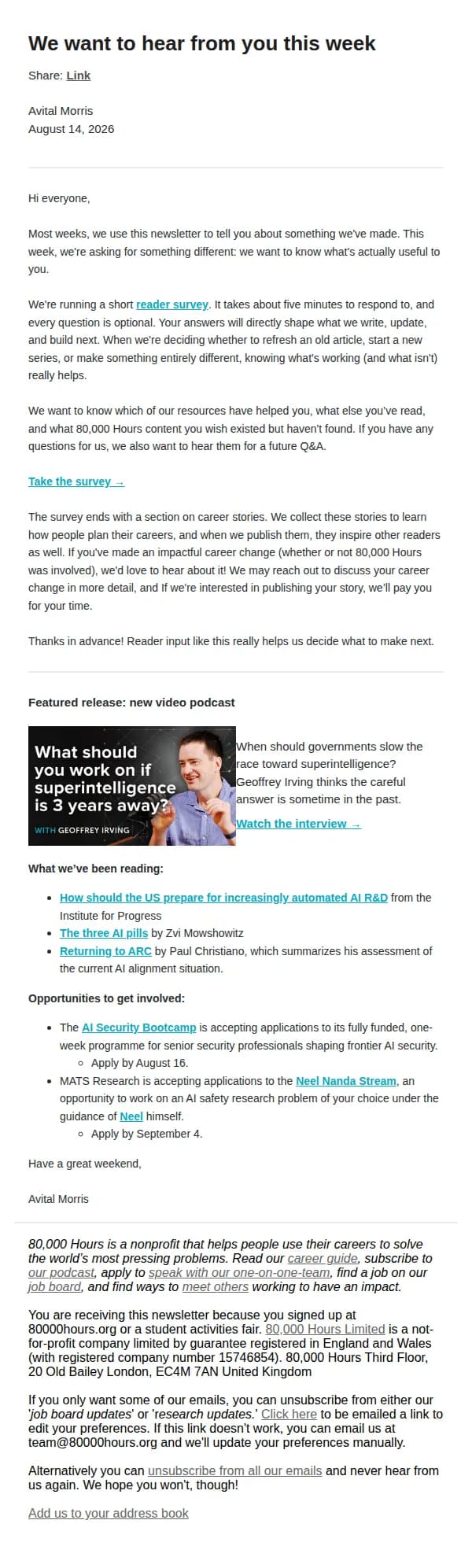 80,000 Hours email: We want to hear from you this week