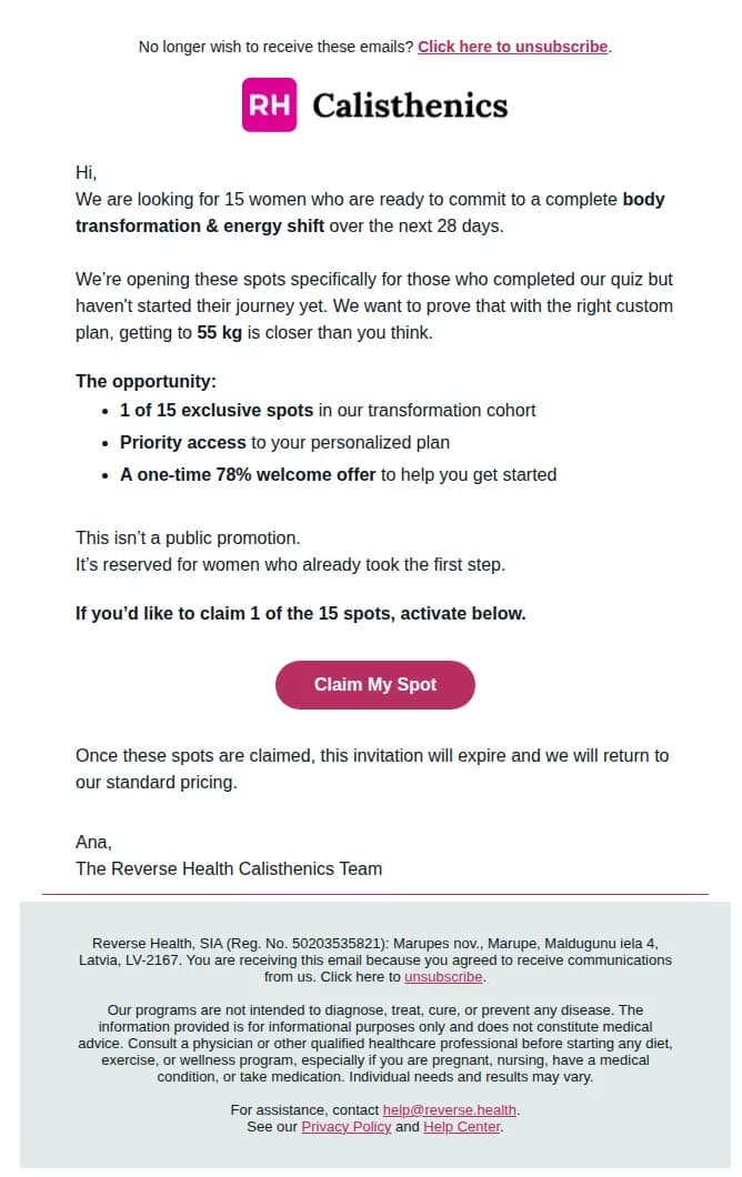 Reverse Health email: Only 15 spots left!