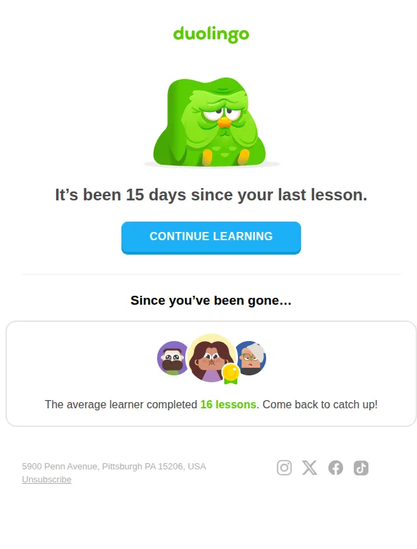 Duolingo email: Duo’s not getting any younger… 🫠