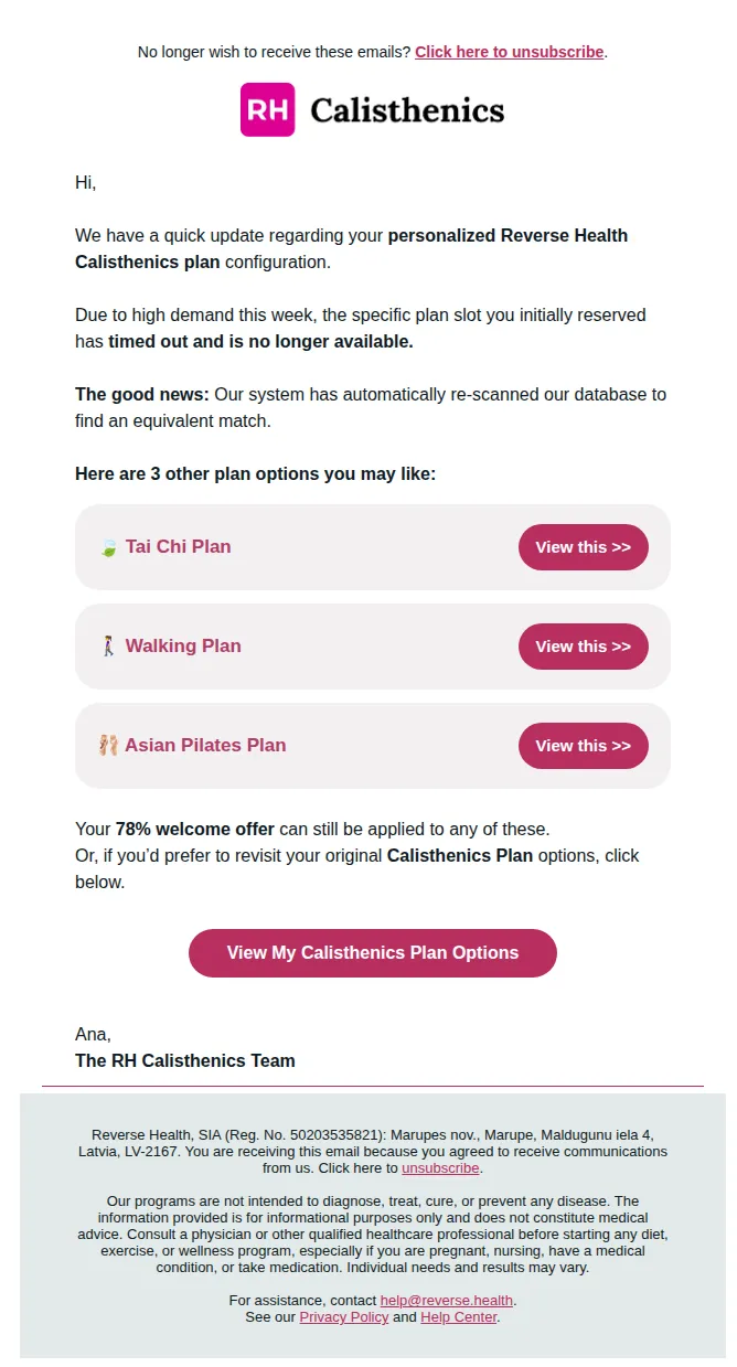 Reverse Health email: Your initial plan has expired (see new options inside).