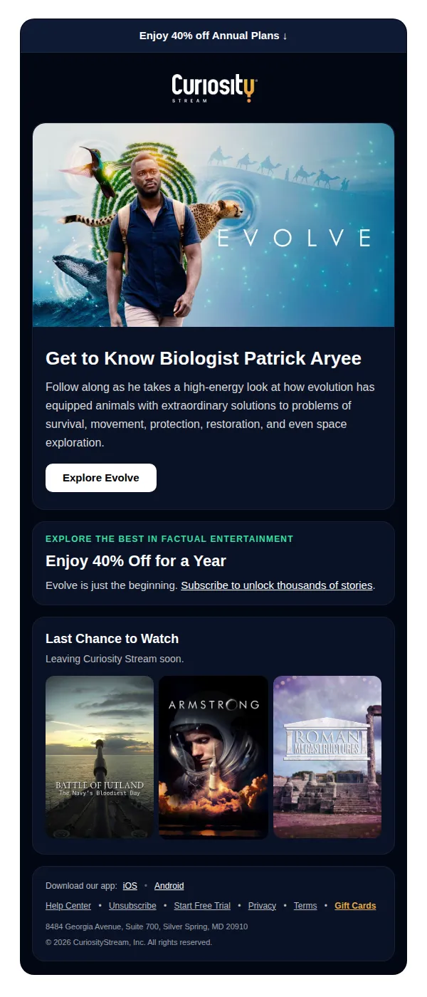 Curiosity Stream email: Save 40% for a YEAR 💡
