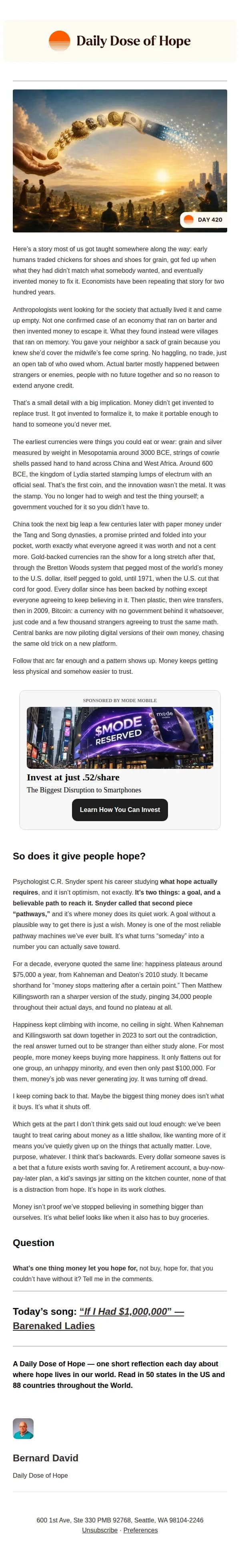 Daily Dose of Hope email: Why Money Might Be Humanity’s Oldest Act of Hope