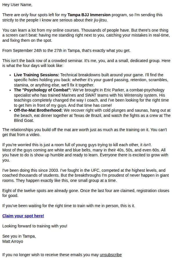 Matt Arroyo email: Four spots left: September Tampa Immersion