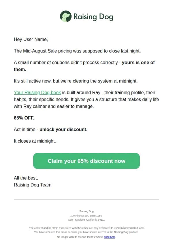Raising Dog email: Your Raising Dog discount is somehow still active