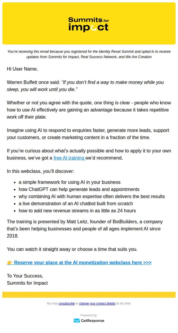 Summits for Impact email: Free AI Training: Make AI Work for You