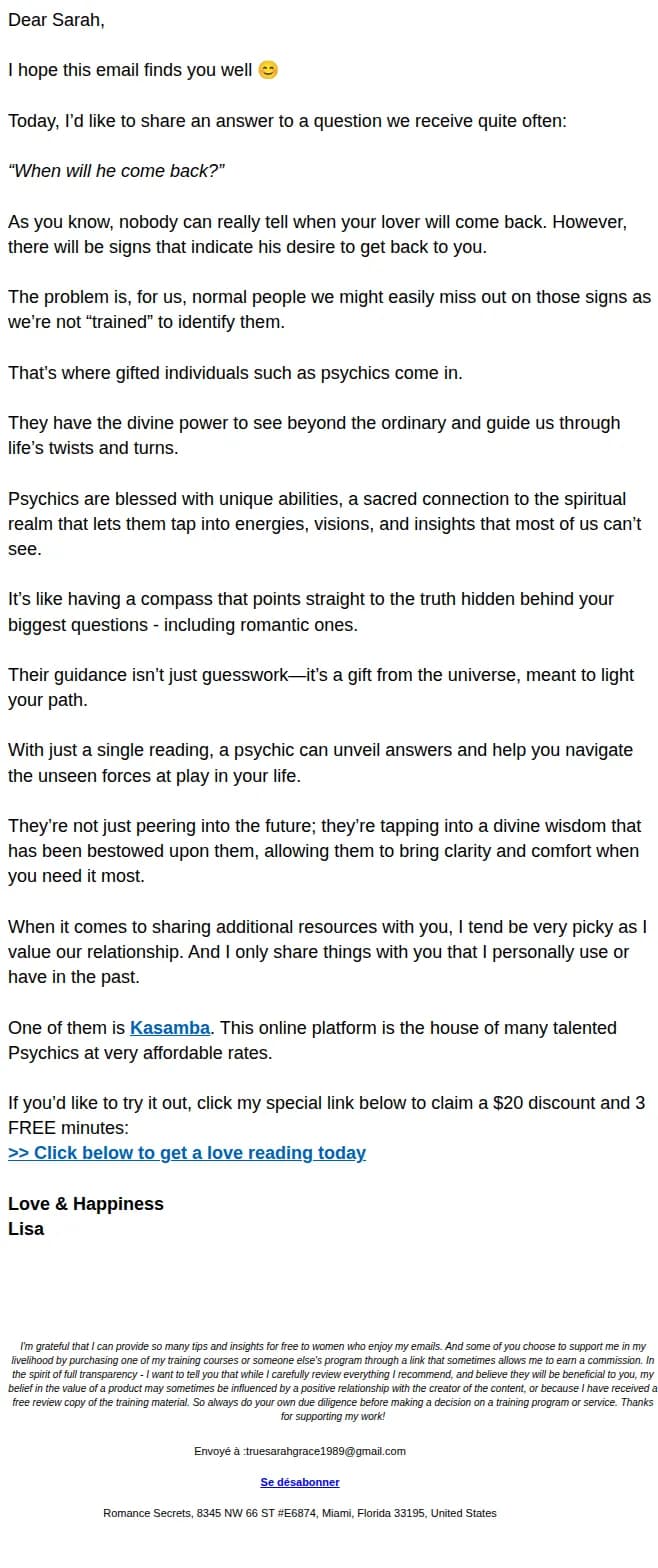 Romance Secrets email: When will he come back?