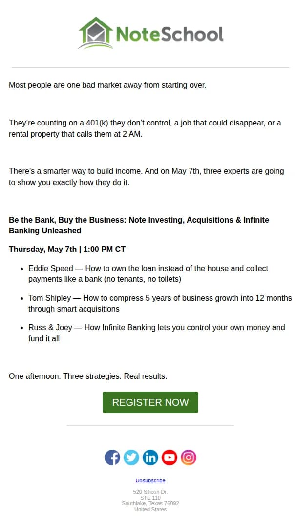 Note School email: 3 ways to stop trading time for money — live May 7th