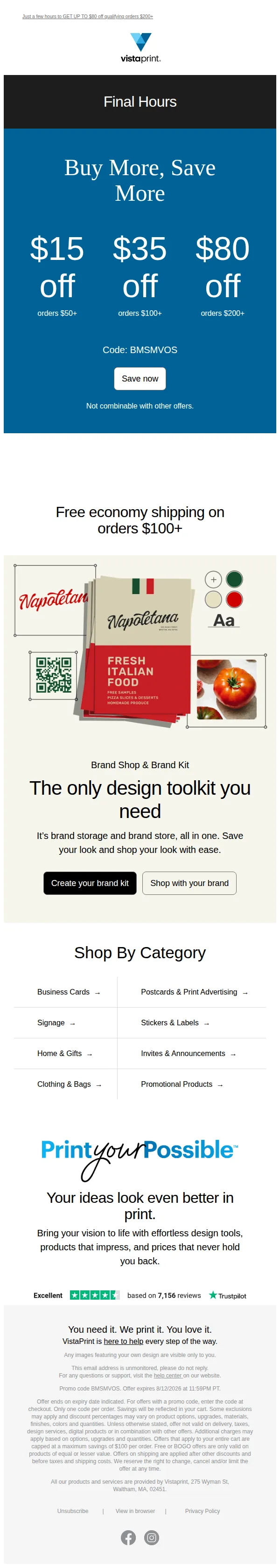 VistaPrint email: Final hours! Buy more, save more