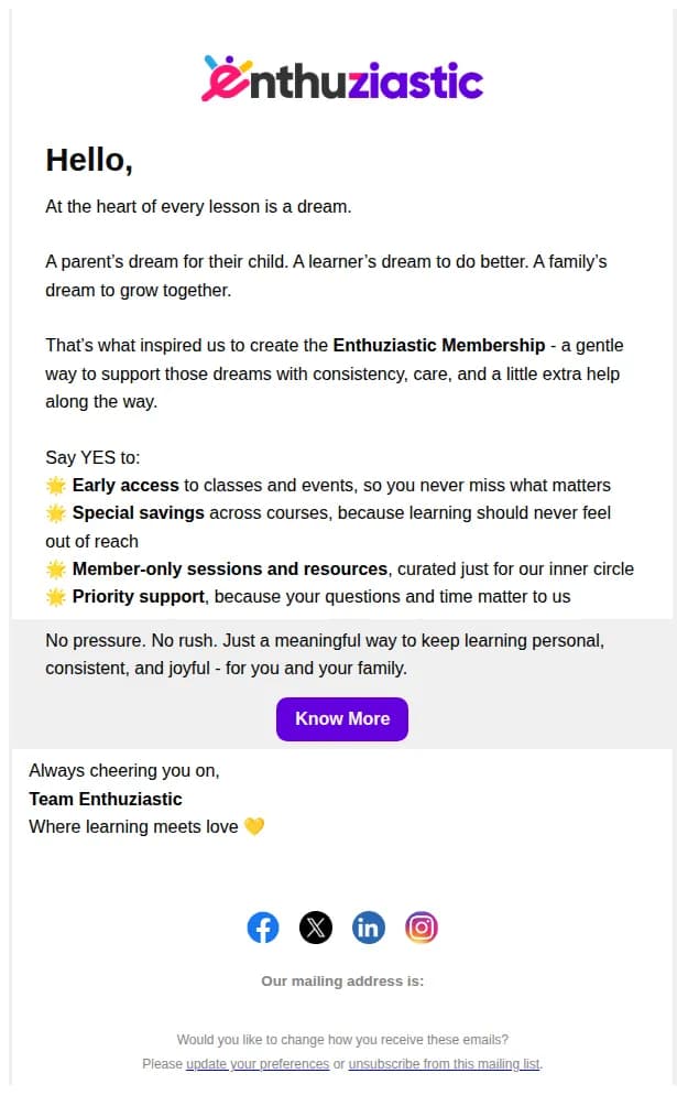 Enthuziastic email: We created this just for learners like you 💛