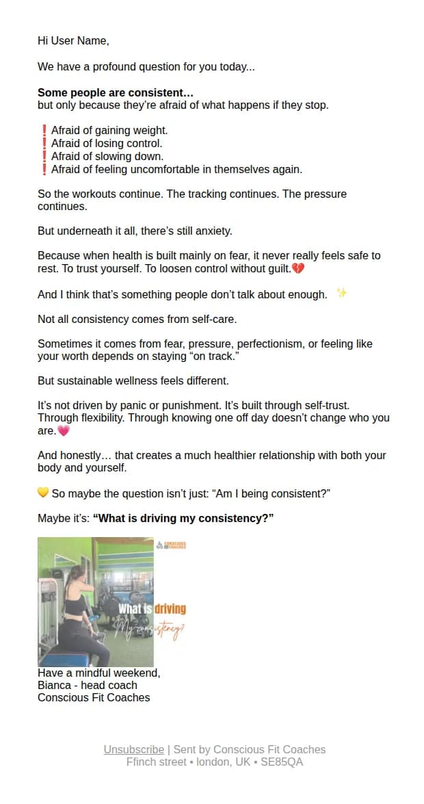 Conscious Fit Coaches email: what drives your consistency?