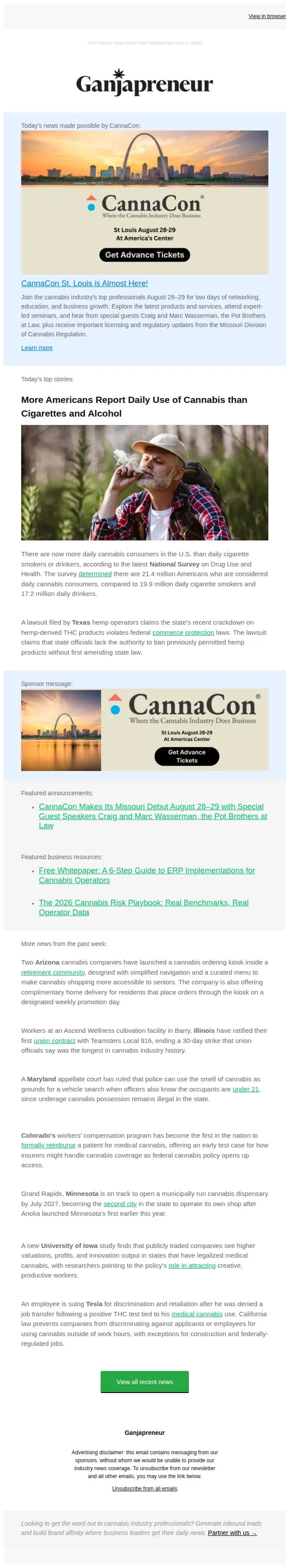 Ganjapreneur email: More Americans consume cannabis daily than smoke cigarettes, Texas companies file lawsuit against hemp THC ban, and more
