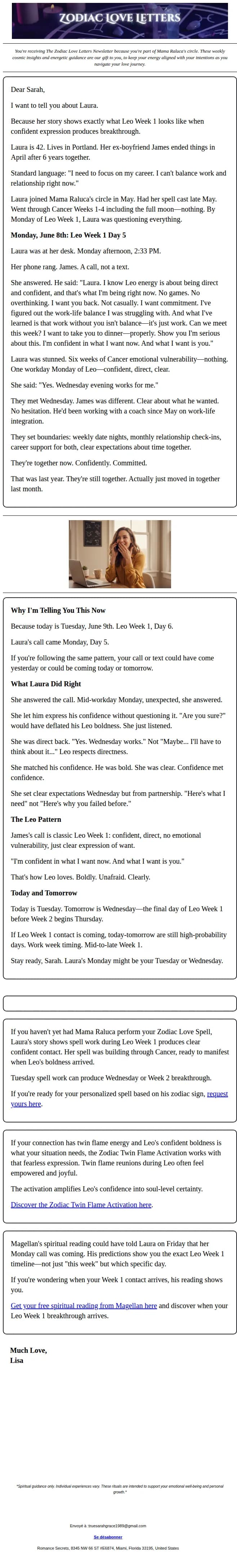 Zodiac Love Letters email: Laura's story: The Monday call during Leo Week 1