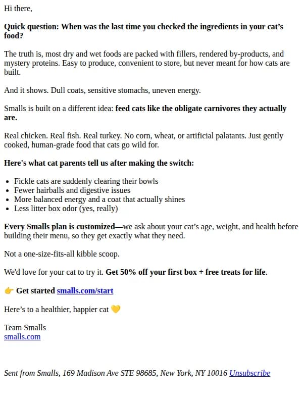 Smalls email: Your cat's food has a secret. We don't.