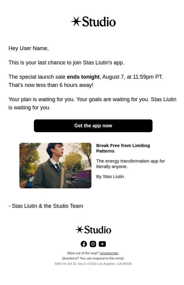 Studio email: 6 hours left! Last chance to join Stas Liutin's app