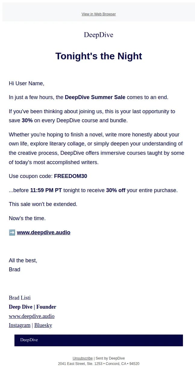 DeepDive email: Ends tonight at midnight. Last chance to save 30%.