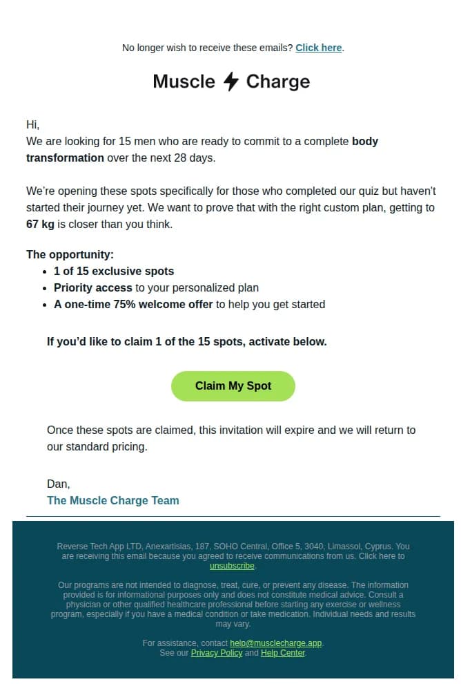 Muscle Charge email: Only 15 spots left!