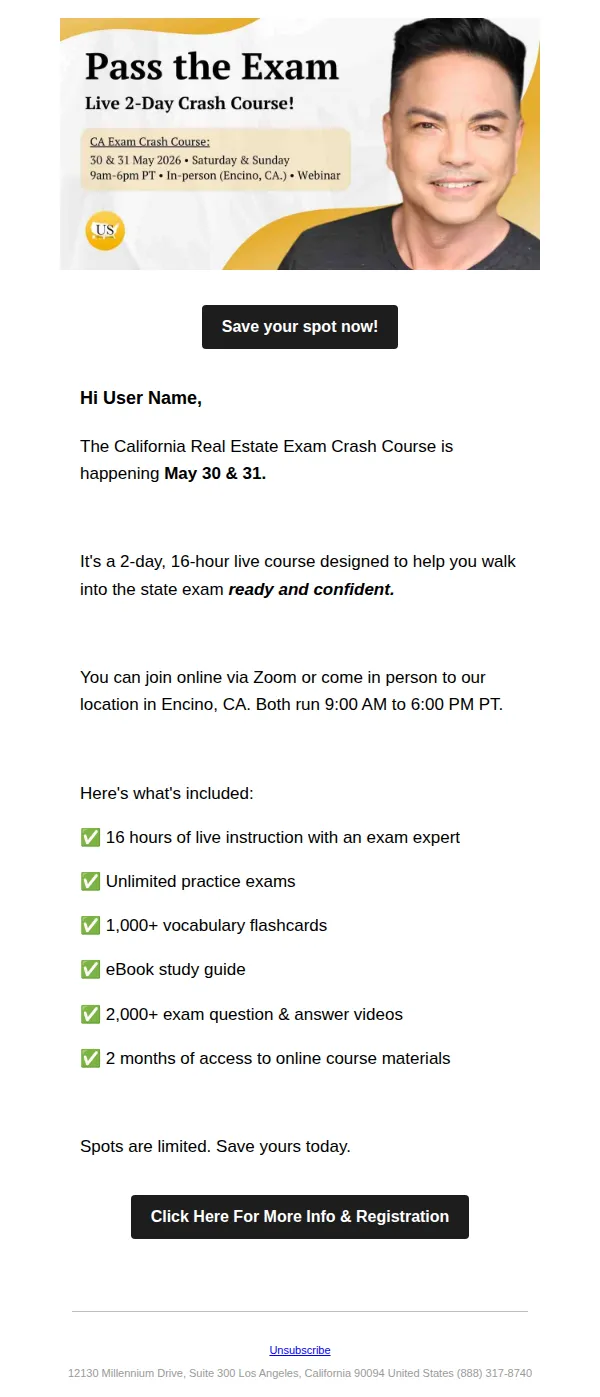 US Realty Training email: The CA exam crash course is back — May 30 & 31