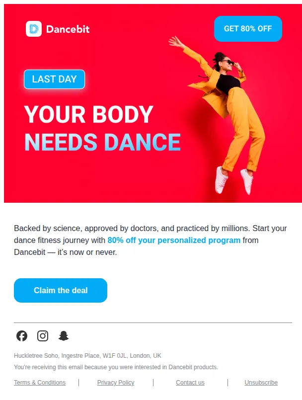 Dancebit email: Last day to get 80% off