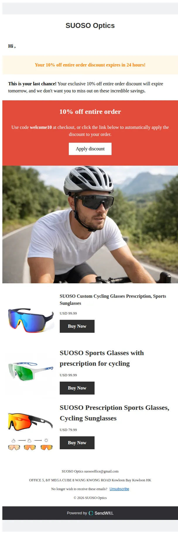 Ecomsend email: , your 10% off entire order discount expires soon!
