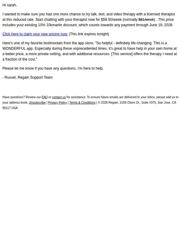 Regain email: This link expires tonight