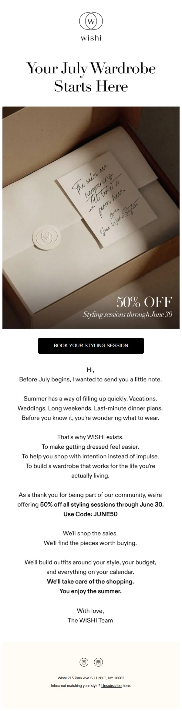 Wishi email: 50% off all styling sessions through June 30