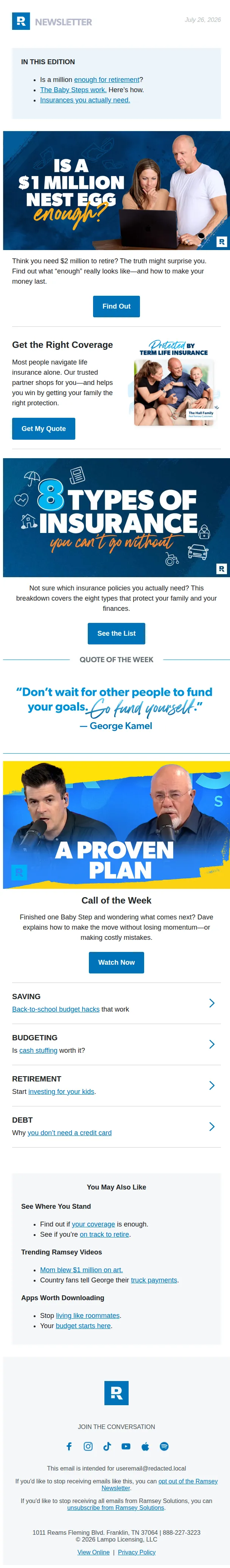 Ramsey Newsletter email: Can $1 million last through retirement?