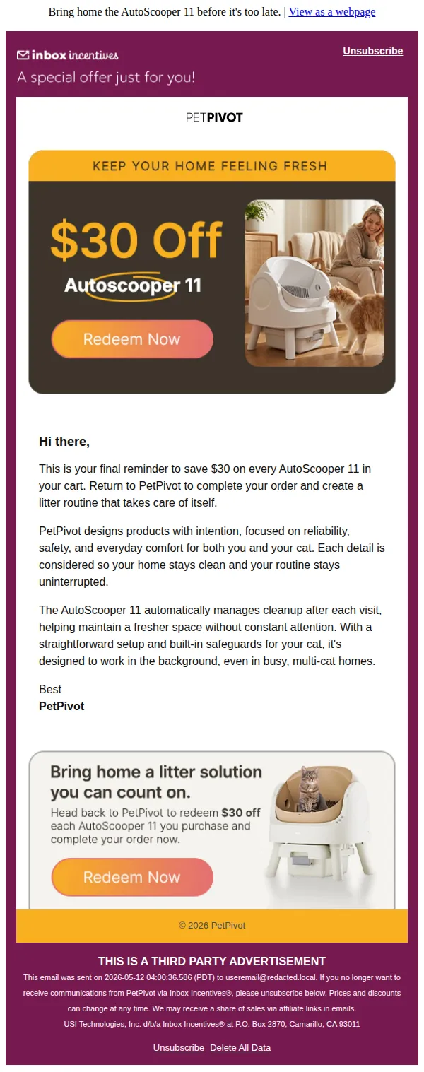 PetPivot email: Last Chance to Save $30