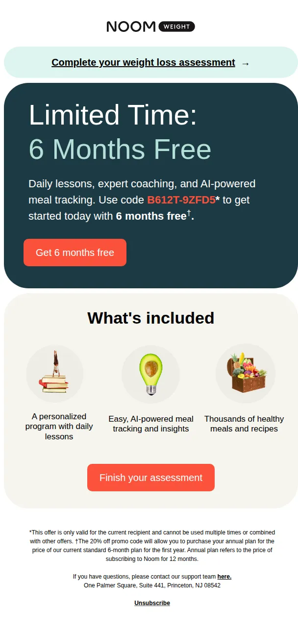 Noom email: 6 months. On us.