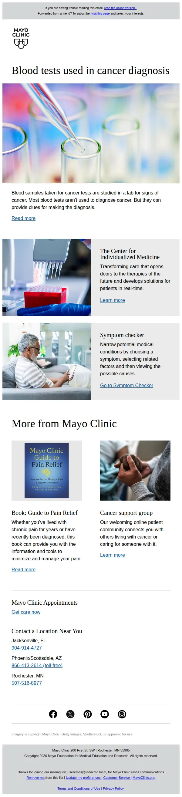 Mayo Clinic email: Blood tests used in cancer diagnosis