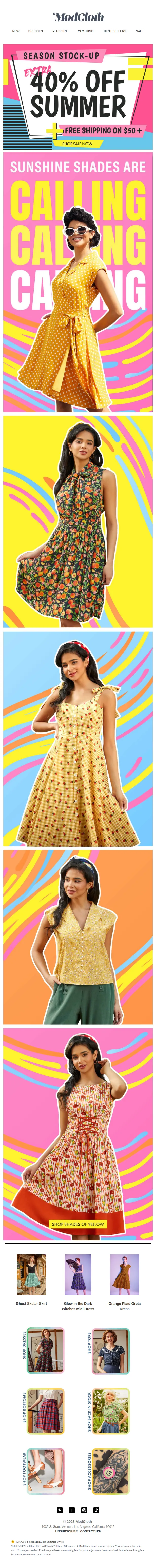 ModCloth email: Extra 40% Off + free shipping on $50+