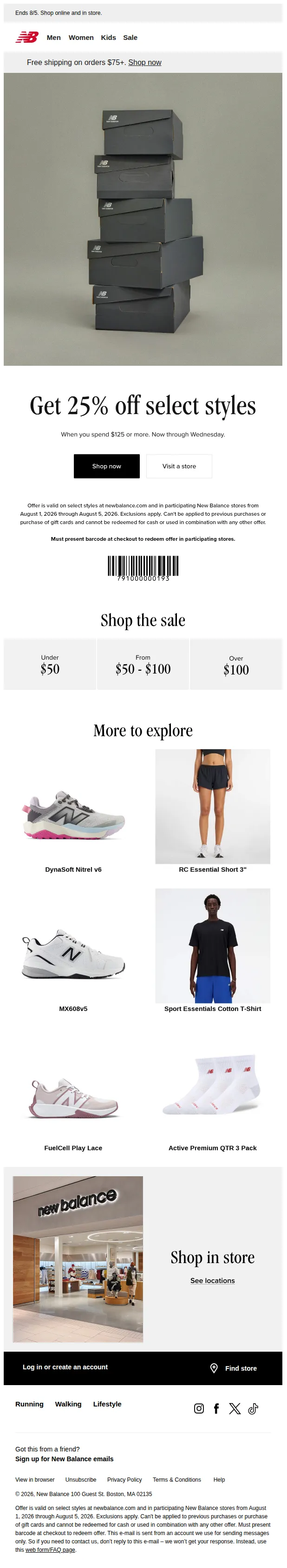 New Balance Offers email: Spend $125 or more and get 25% off select styles., spend $125 or more and get 25% off select styles.