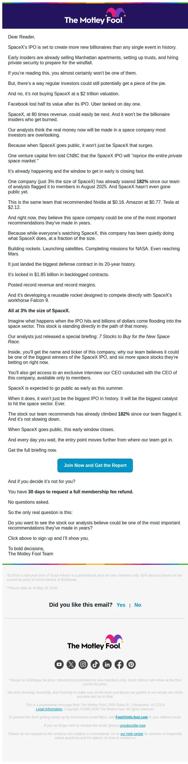 The Motley Fool email: Forget SpaceX. This Company Could Have 25x More Runway