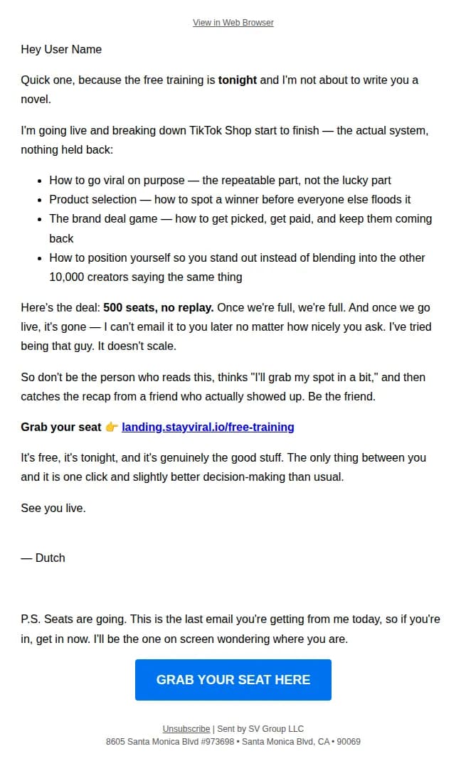 Stay Viral email: Tonight. TikTok Shop A-Z. Don't make me chase you.