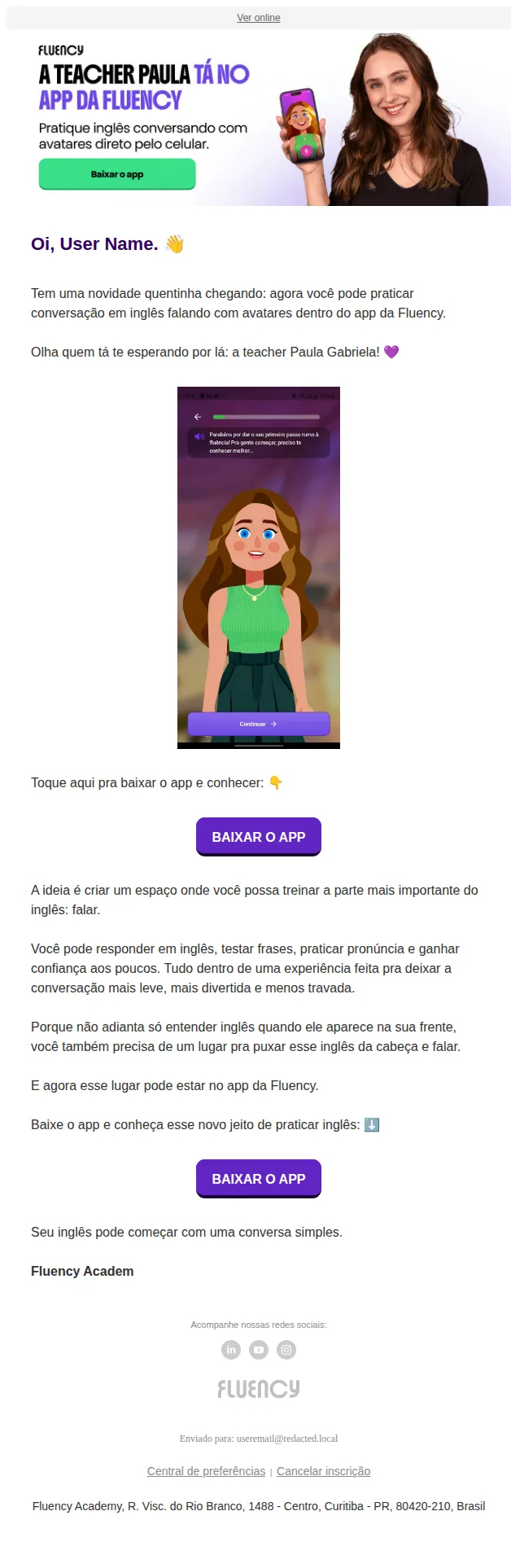 Fluency Academy email: A teacher Paula tá te esperando no app 👀