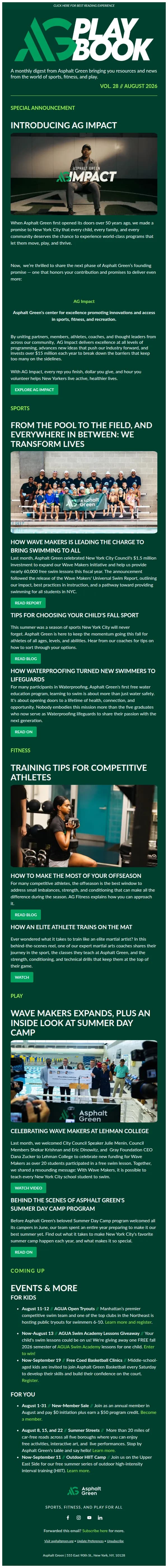Asphalt Green Fitness email: AG PLAYBOOK | August 2026