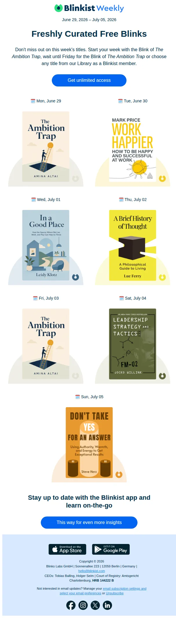 Blinkist email: 🗓️ The Summary: Your free reads next week