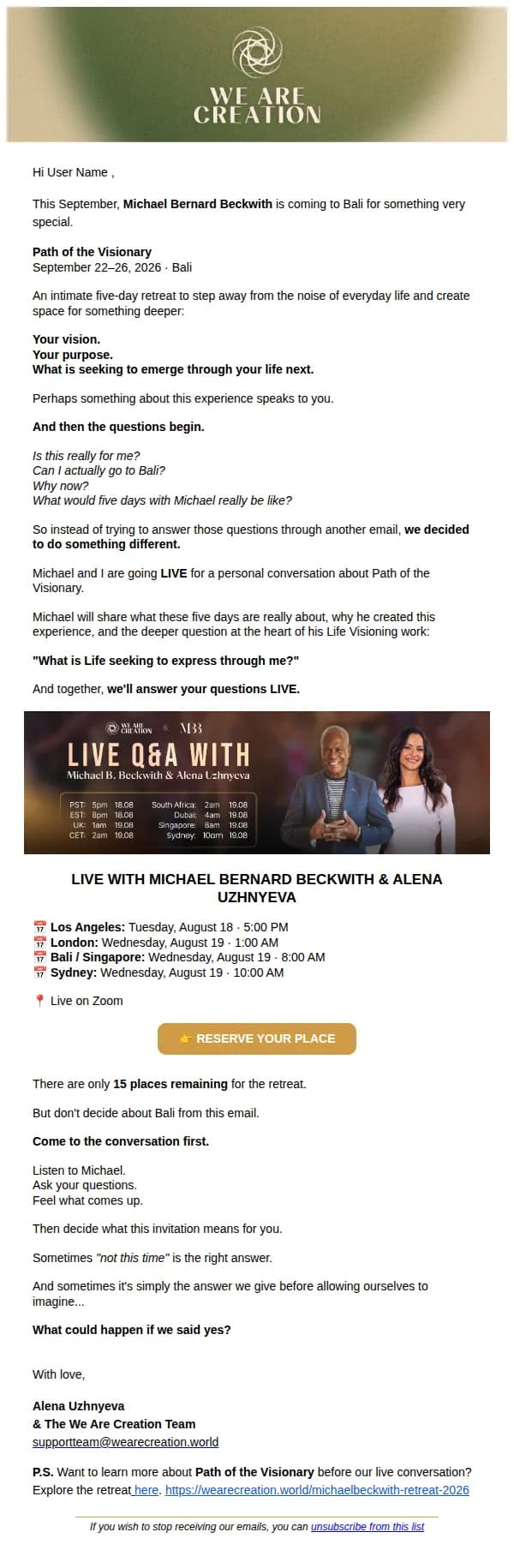 We Are Creation email: A special LIVE conversation with Michael Beckwith