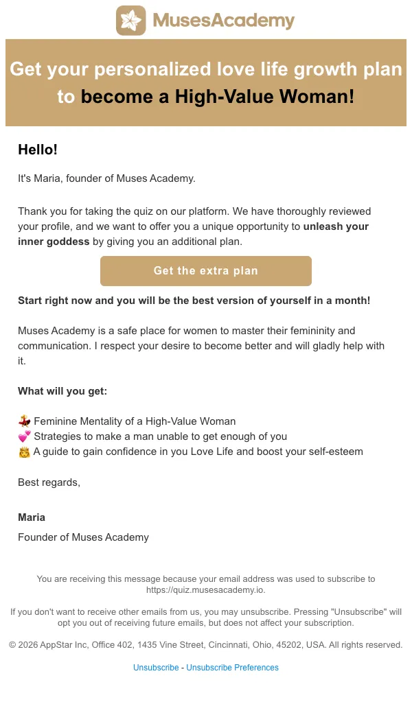 Muses Academy email: Get your self-growth plan and become a High-Value Woman