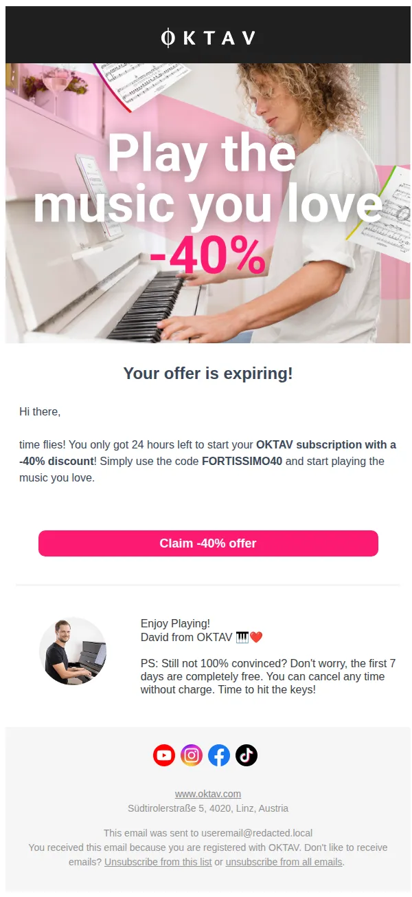 OKTAV email: 🎹 Be quick: -40% off OKTAV ends soon