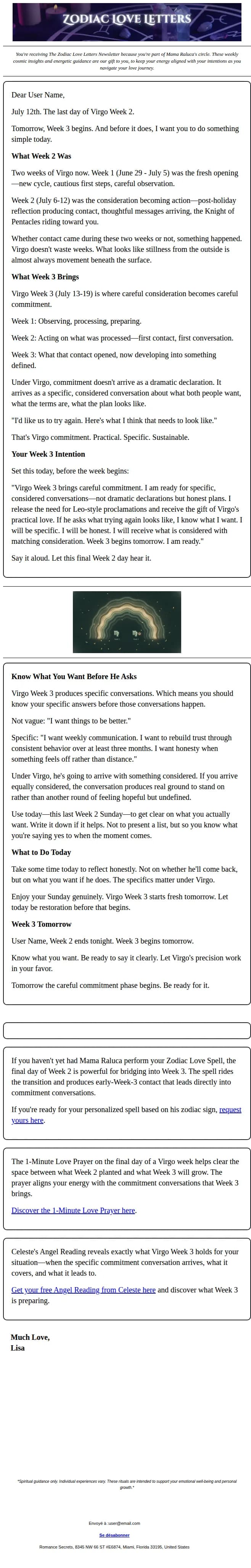 Romance Secrets email: Before Week 3 begins tomorrow: Set your intention