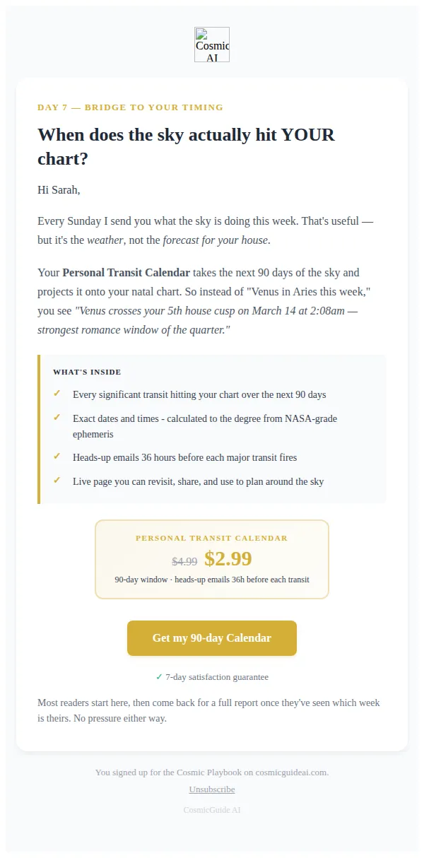 CosmicGuide AI email: Sarah, see exactly when these transits hit YOUR chart