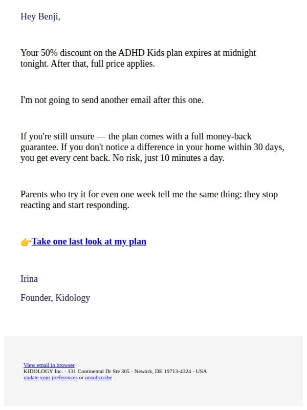 Irina from KIDOLOGY Inc. email: Benji, One Last Thing