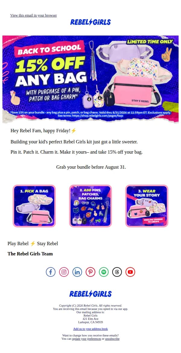 Rebel Girls email: Bundle Up: Bags, Pins, Patches & Charms on SALE ⚡