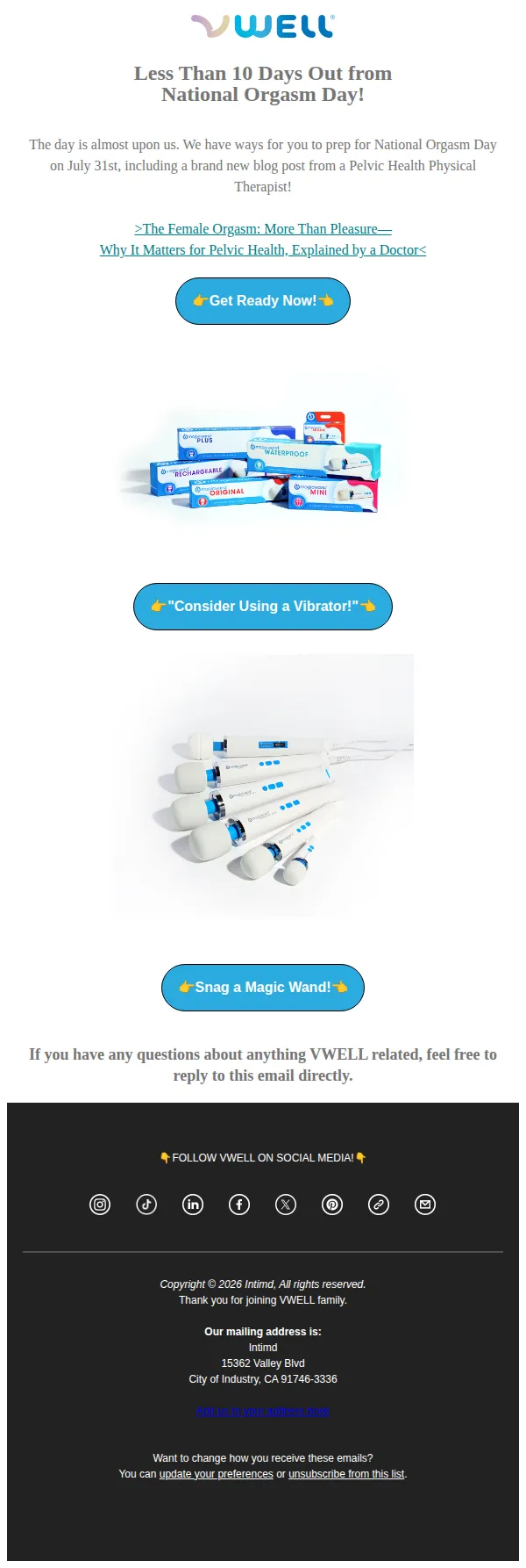 VWELL email: Less Than 10 Days Out from National Orgasm Day!💦