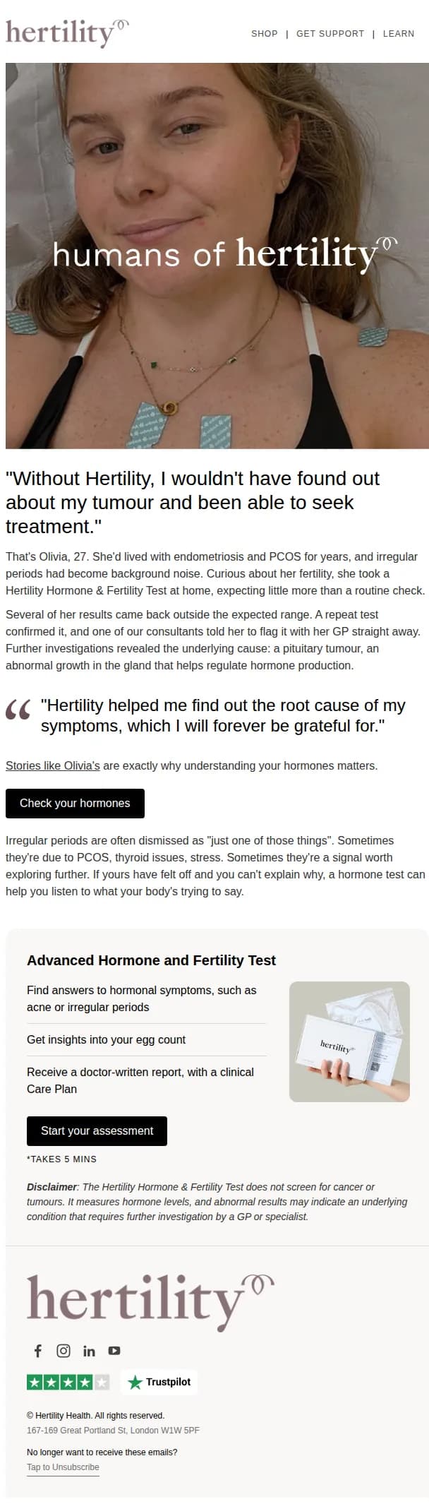 Hertility email: "Without Hertility, I wouldn't have found out about my tumour"