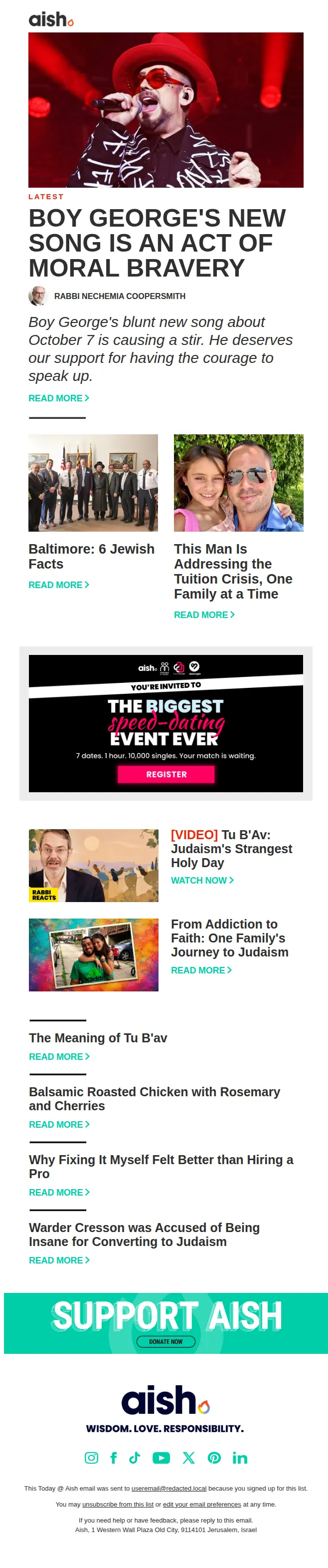 Aish email: Boy George’s Moral Bravery | Baltimore: 6 Jewish Facts | Meaning of Tu B’Av