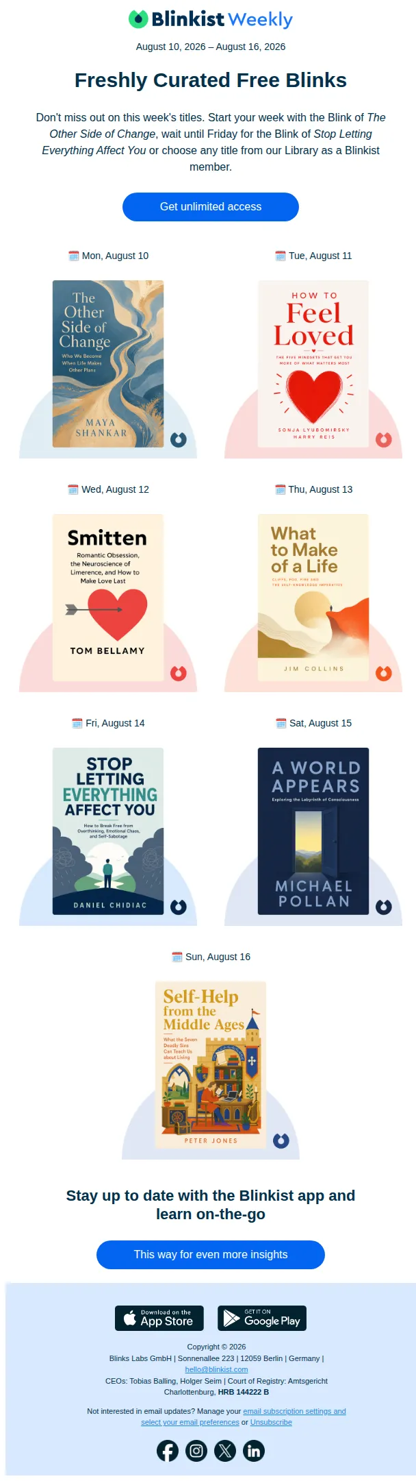 Blinkist email: 🗓️ The Summary: Your free reads next week